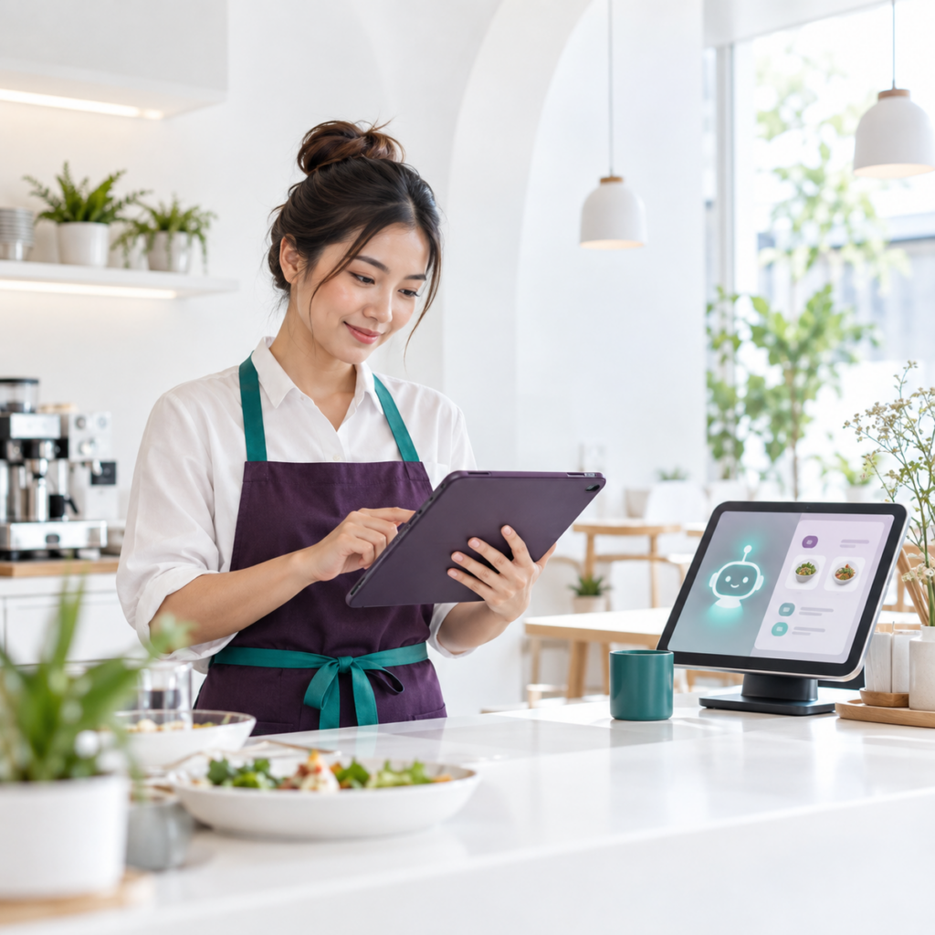 เจ้าของร้านอาหารดูแดชบอร์ดยอดขายและเมนูขายดีบนแท็บเล็ต สื่อถึงผู้ช่วย AI ร้านอาหาร Wongnai Genie